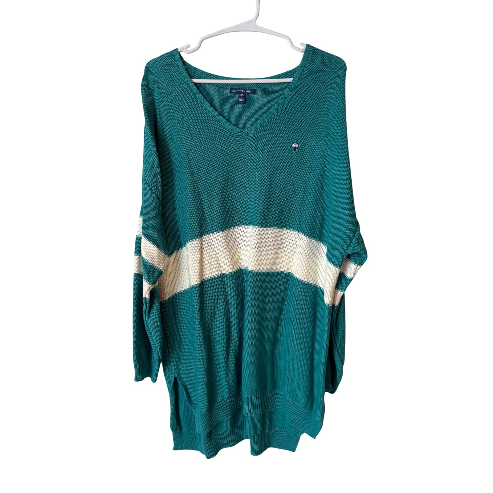 Southern Shirt Co Womens Teal Green Striped Oversized V-Neck Knit Sweater L